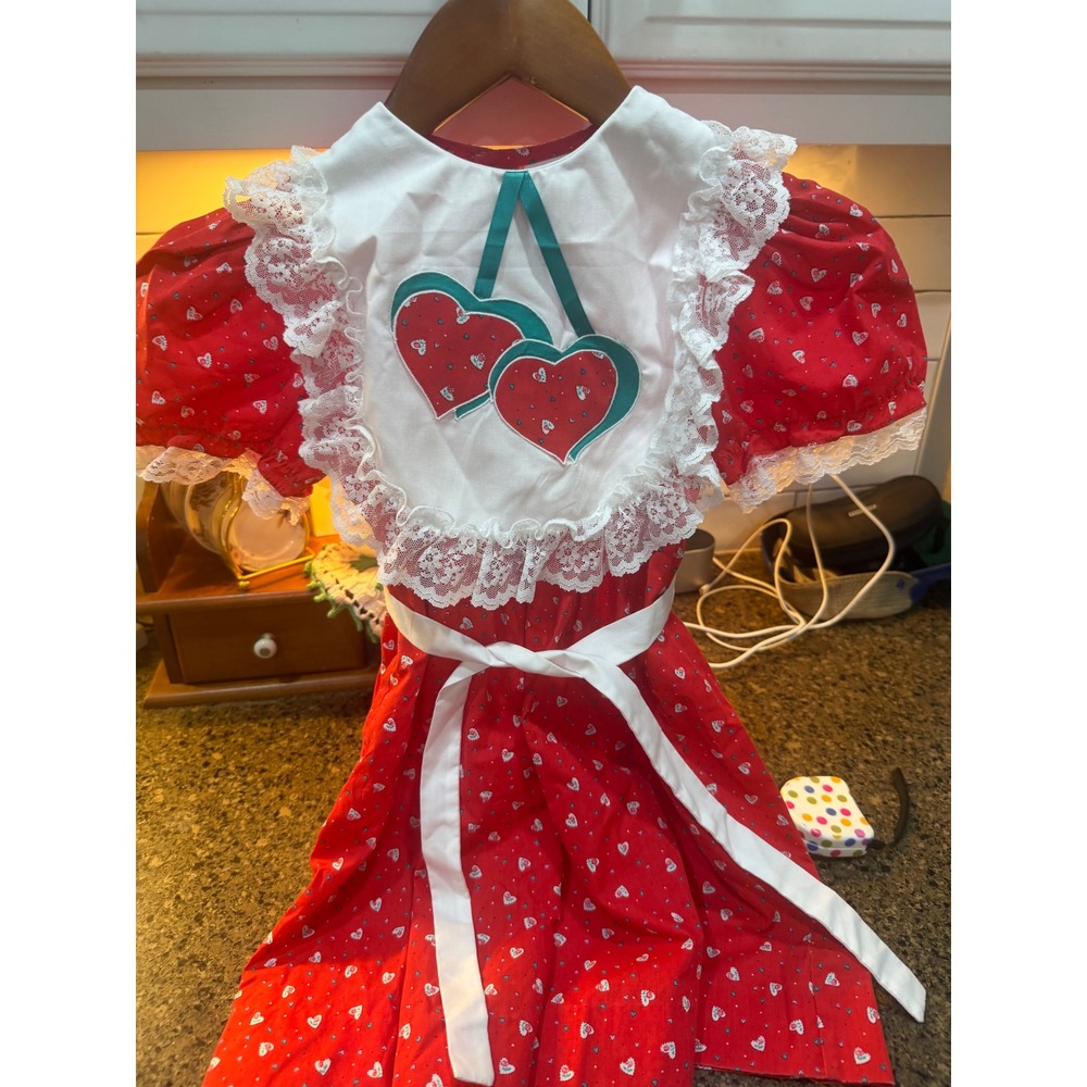 Vintage Fayette Girls Red Heart Print Dress Strawberry Bib Lace Trim Size 6